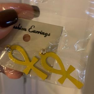 Yellow Egyptian ankh statement earrings with gem and backs